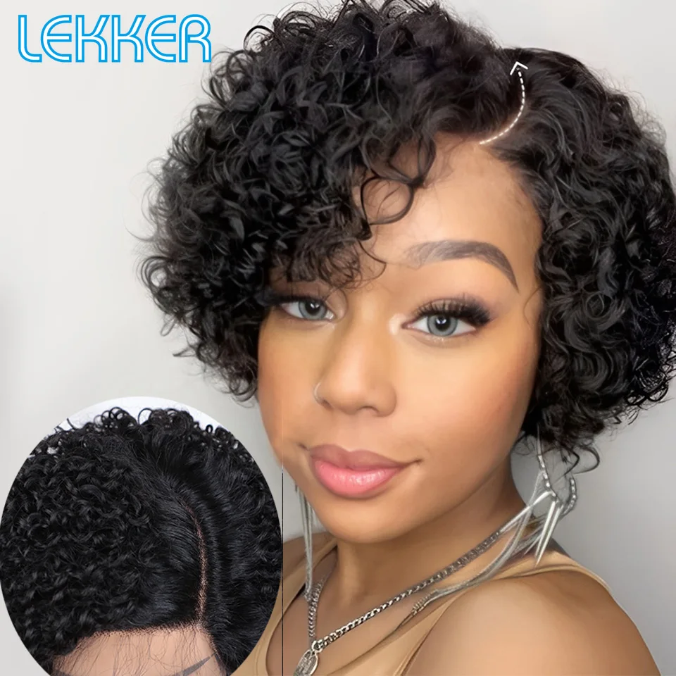 

Lekker Clearance Short Pixie Cut Kinky Curly Bob C Part Lace Front 100% Human Hair Wigs For Women Glueless Brazilian Remy Hair