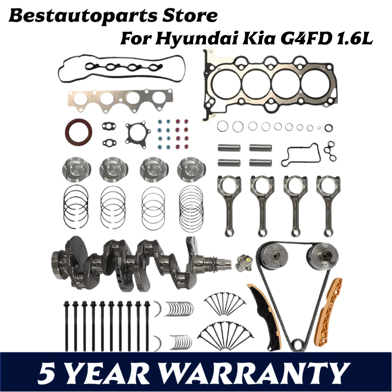 

G4FD Engine Rebuild Timing Chain Kit Head Gasket Crankshaft Con Rod Piston Valve Bearing Set Fit 1.6 L L4 For Hyundai Kia 1.6L
