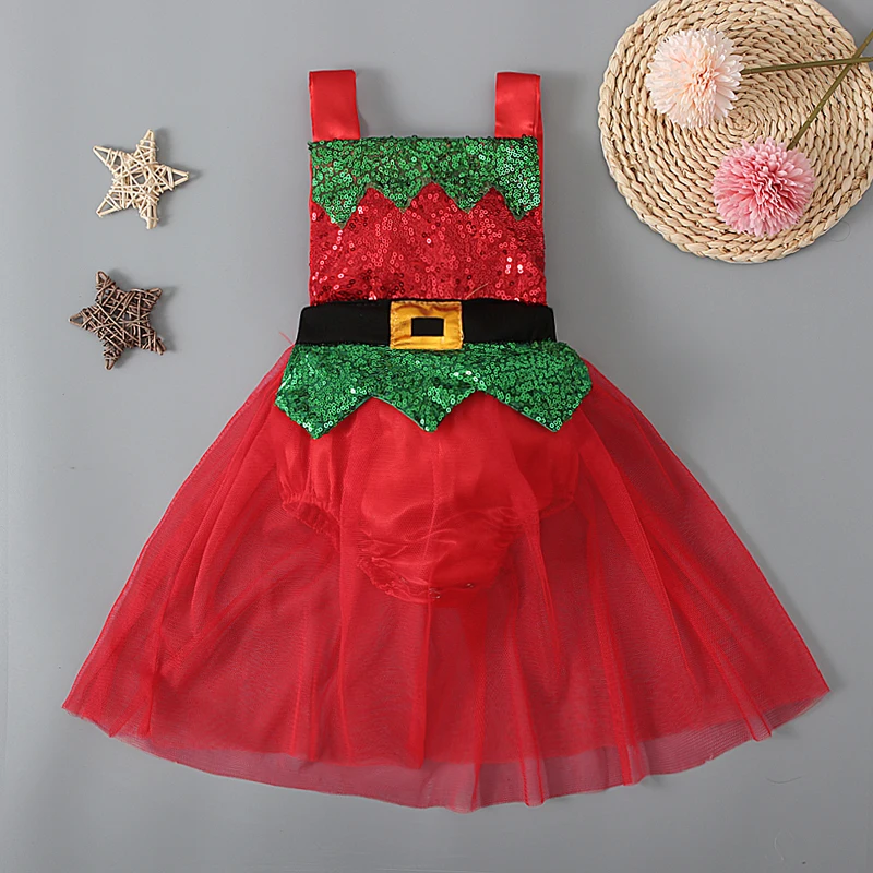 Children\'s European and American summer style girls Christmas sleeveless bow sequined mesh jumpsuit dress children\'s clo