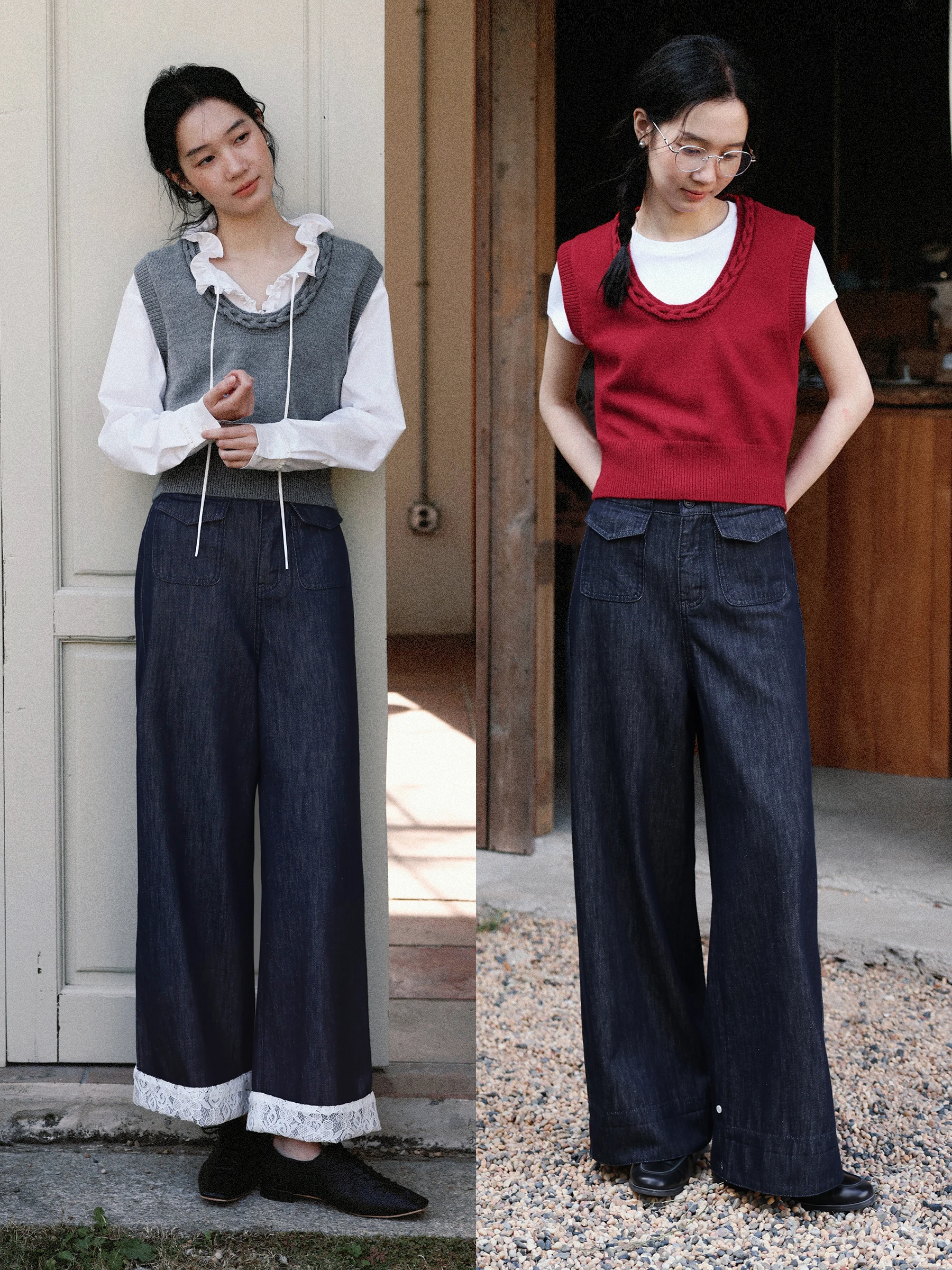 

MUNNS Wide Leg Original Denim Jeans Lace Patchwork Straight Leg Cotton Lyocell Blend Women's Premium Faion Jeans