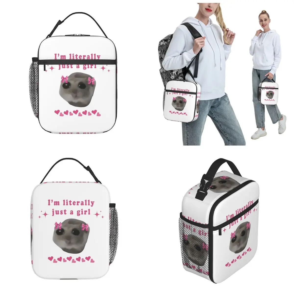 Sad Hamster Im Just A Girl Trensy Meme Product Insulated Lunch Bag For School Office Food Box Reusable Thermal Cooler Lunch Box