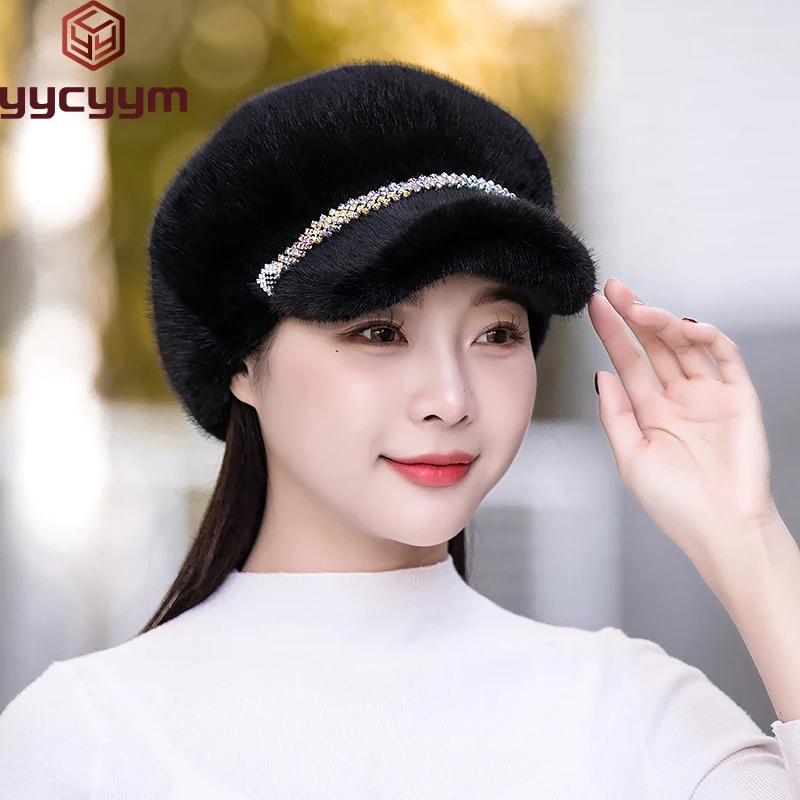 

2024 Winter Hat For Women Fashion Faux Fur Fluffy Duck Tongue Hat Female Warm Ear Protection Hats Outdoor Thicken Wind Snow Caps