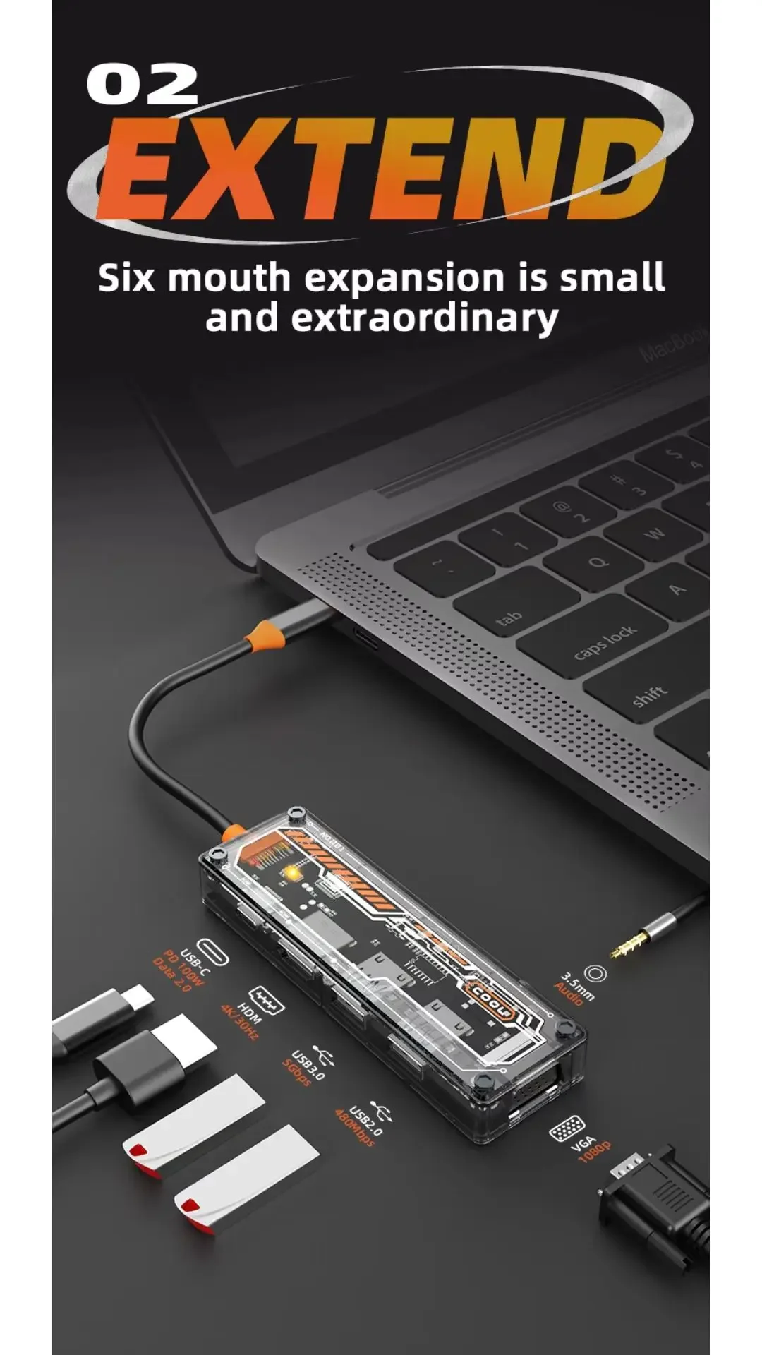 6in1 Transparent TypeC Hub Docking Station PD100W 4K HDMI VGA 3.5mm Audio USB3.0 USB2.0 Multiport Adapter For Laptop Macbook