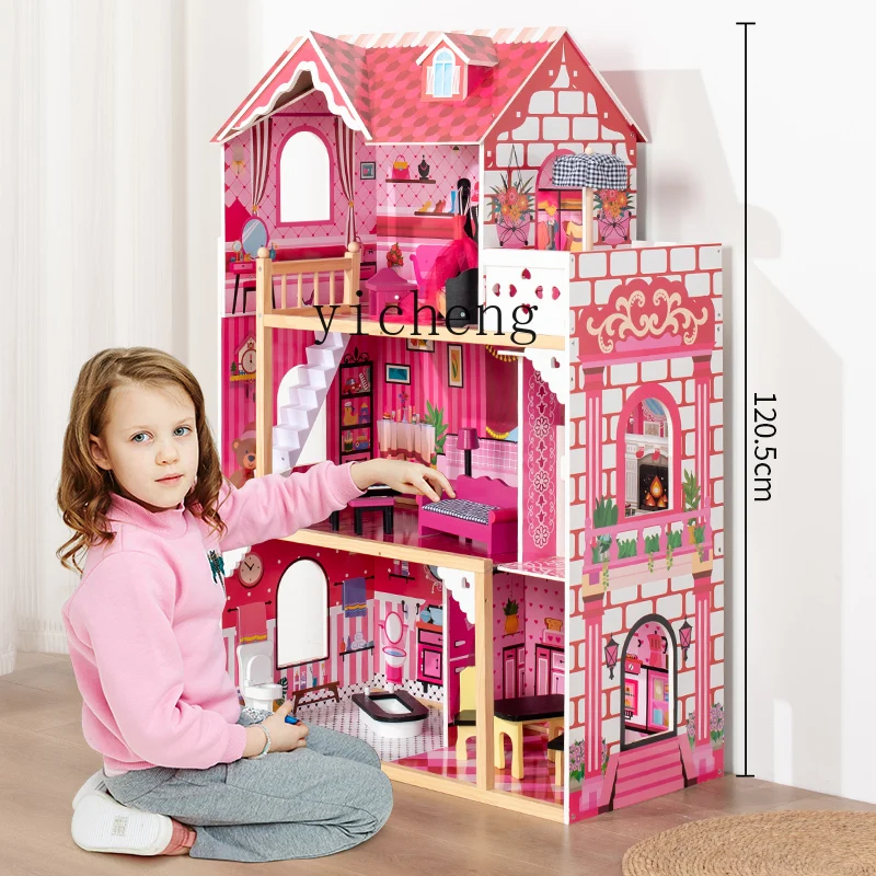 ZC niños rosa gran villa casa de muñecas juguete DIY cocina regalo de cumpleaños de madera