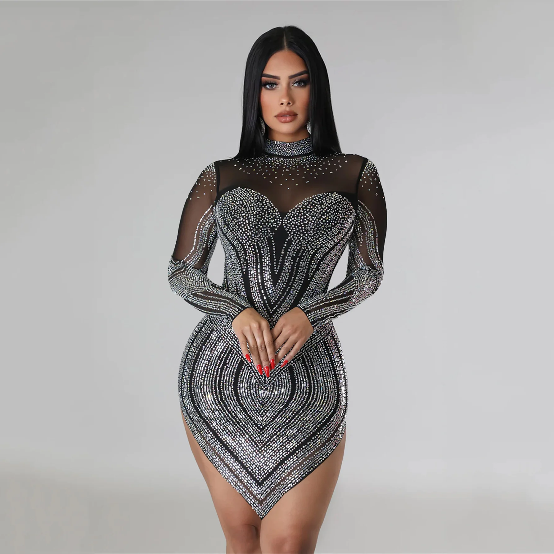 Elegante strass pura malha bodycon manga longa mini vestido para mulheres sexy moda noite vestidos de aniversário