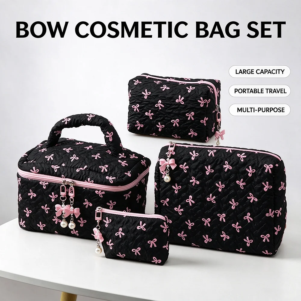Bow Cosmetic Bag Large Capacity Makeup Organizer Portable Toiletry Clutch Multifunction Travel Bathroom Vanity Pouch Holder