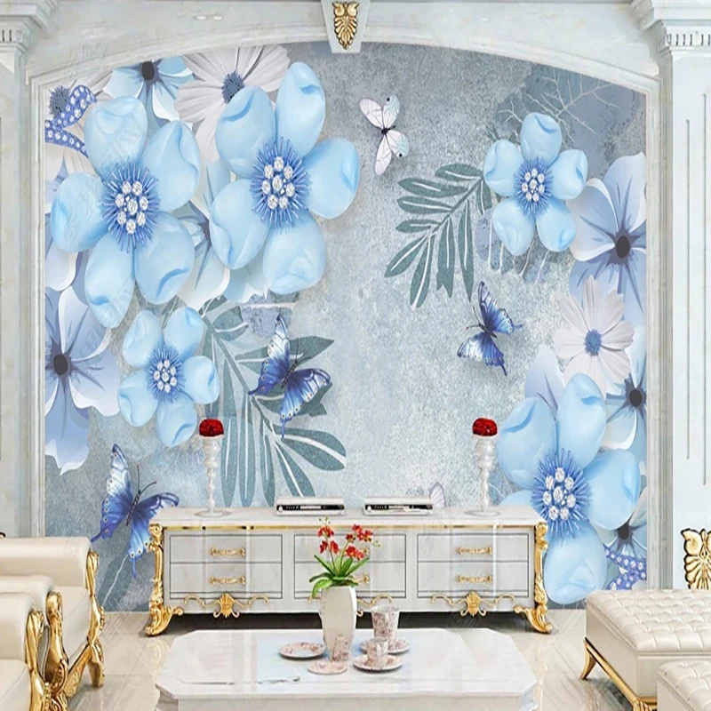 Custom Size Mural Wallpaper Beautiful Blue 3D Jewelry Flowers Wall Painting Living Room Study Backgroung Decor Creative Fresco