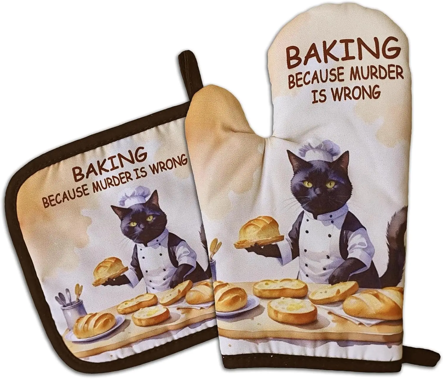 Funny Baking Cat Oven Mitts and Pot Holders（Set of 2）Baking Because Murder is Wrong Baker Mitts for Kitchen Decor