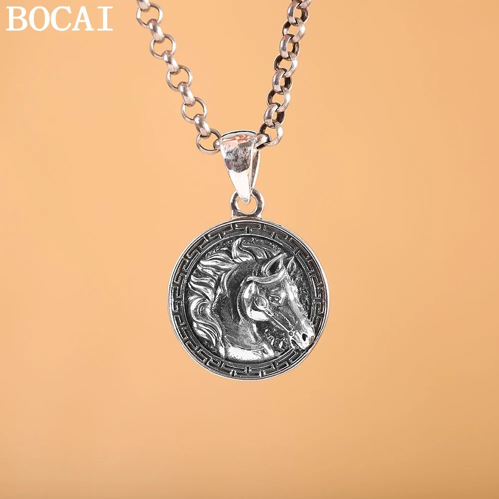 BOCAI New S990 Silver Retro Personality Instant Success Horse Head Round Card Pendant Selected Gifts For Men and Women