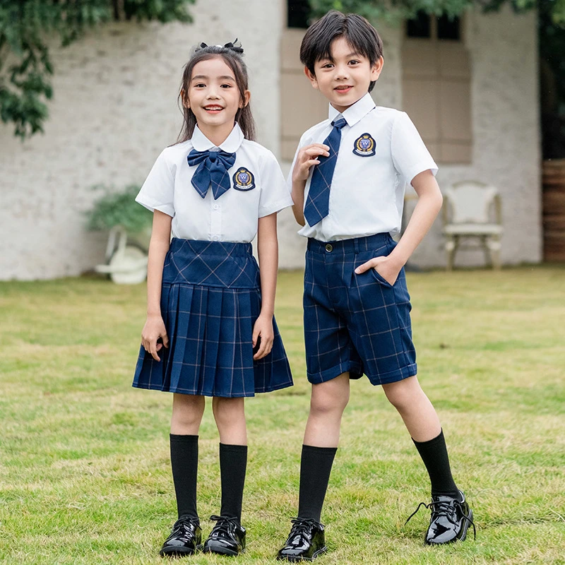 Children School Uniform Girls Korean Japanese Plaid Jacket Pleated Skirt Boys Formal Dress Suits Kids Student Clothes Class Sets