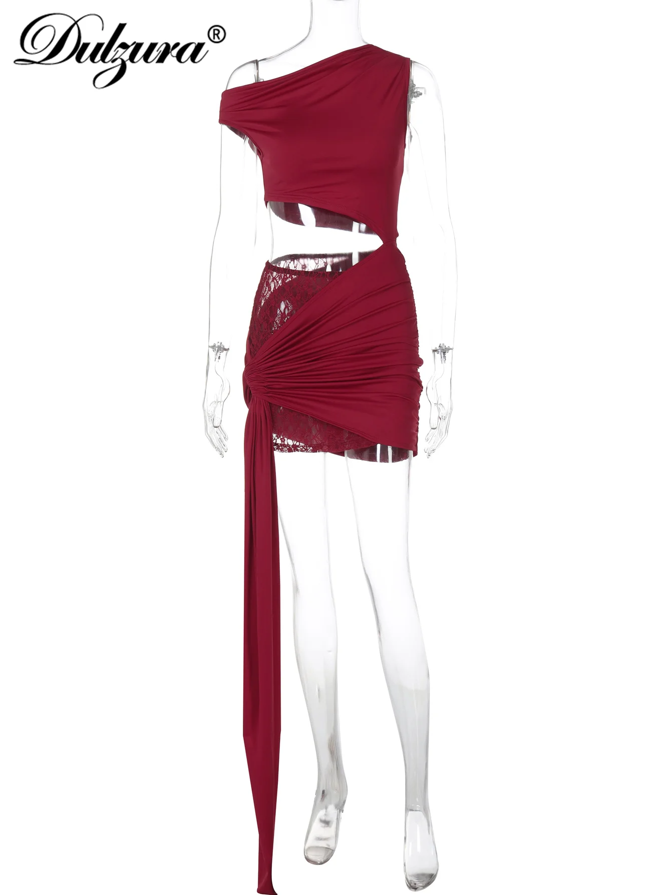 Dulzura Inclined Shoulder Sleeveless Cut Out Lace Up Slim Lace See Through Mini Dress Solid Sexy Elegant Party Club Prom Clothes