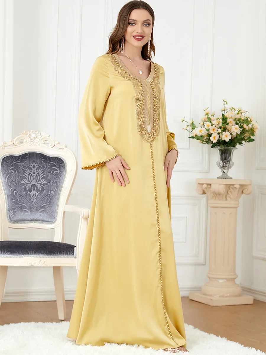 Eid Ramadan Muslim Women Dress Beading Dubai Morocco Party Dresses Arabic Kaftan Vestidos V-neck Elegant Maxi Prayer Abayas 2024