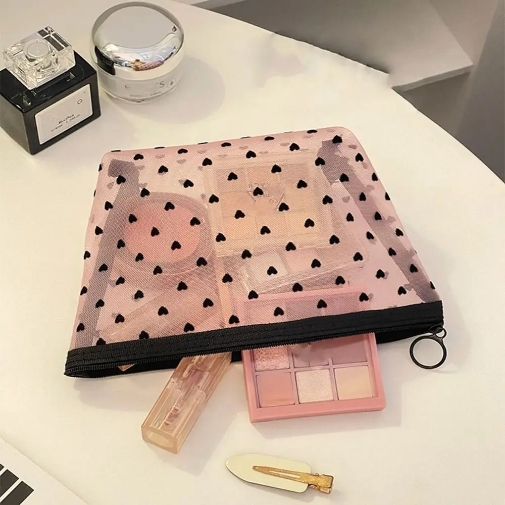 Heart Transparent Mesh Makeup Bag Multifunction Portable Women Cosmetic Storage Pouch Black/Pink Ladies Toiletry Storage Bag