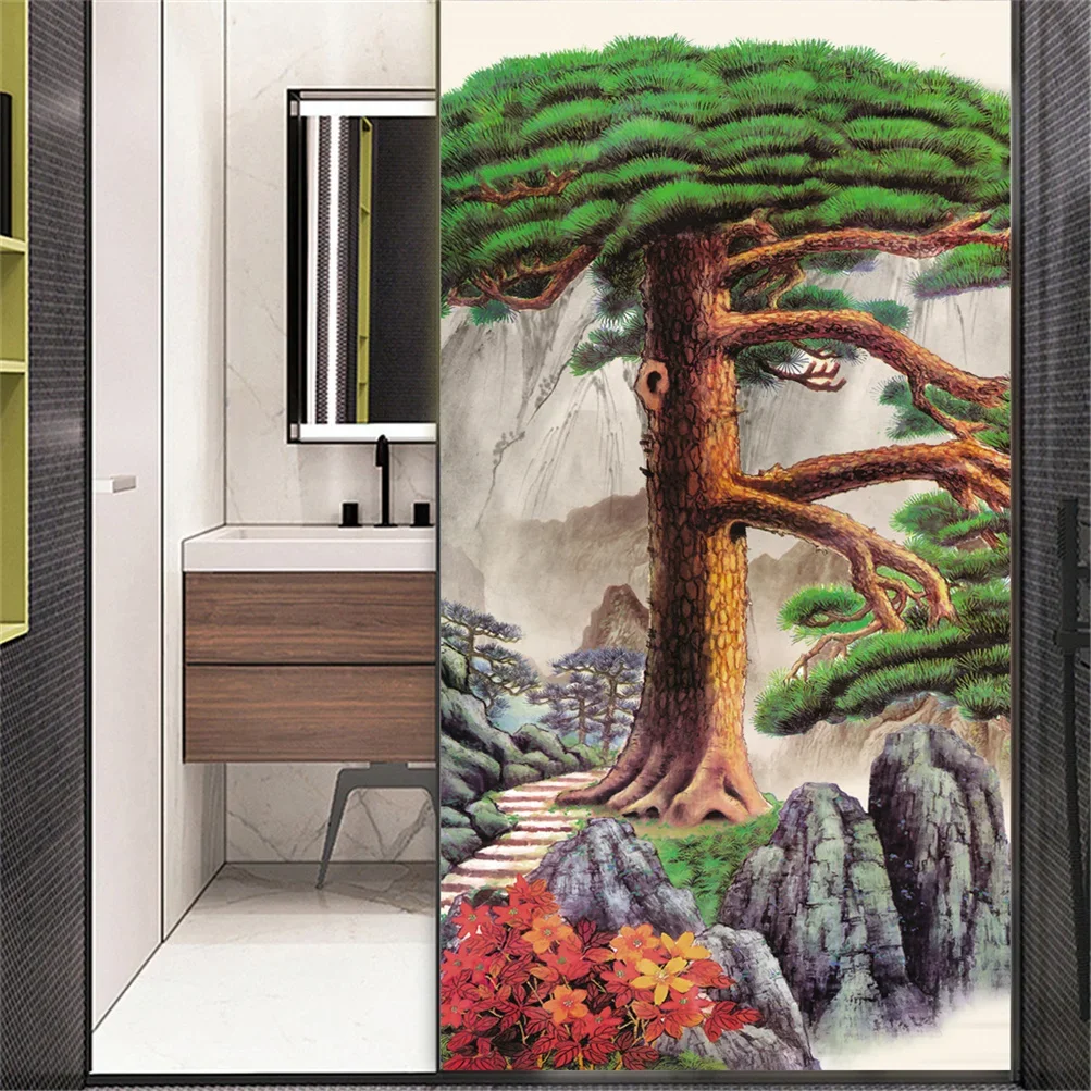 Static Cling Privacy Window Film No-Glue Pine Tree Painting Decorative Glass Covering  Frosted Window Stickers Window Tint
