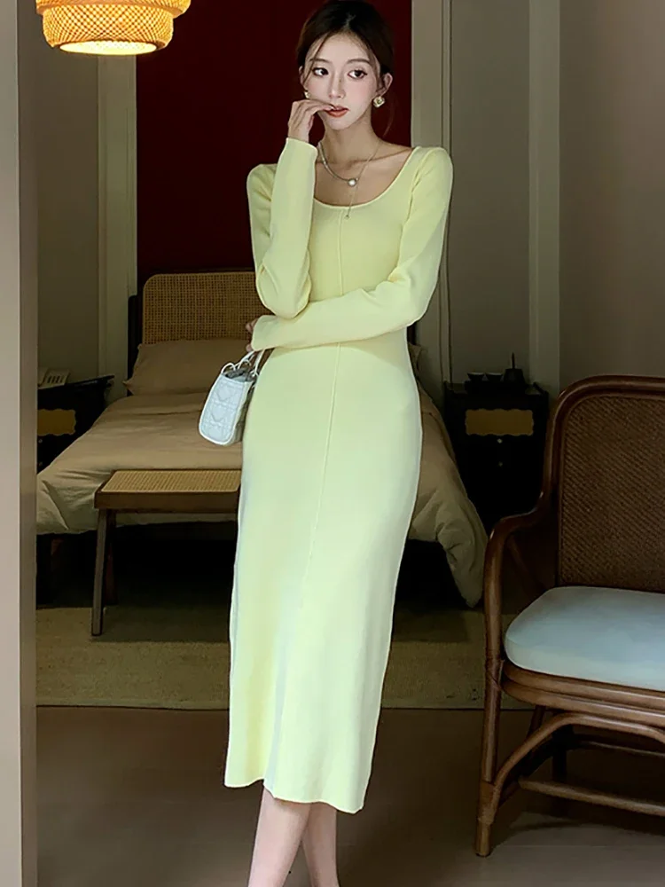 2025 الصلبة محبوك كم طويل فستان طويل غير رسمي المرأة أنيقة شيك سترة فستان الخريف الشتاء سميكة الدافئة فساتين السهرة الطرف