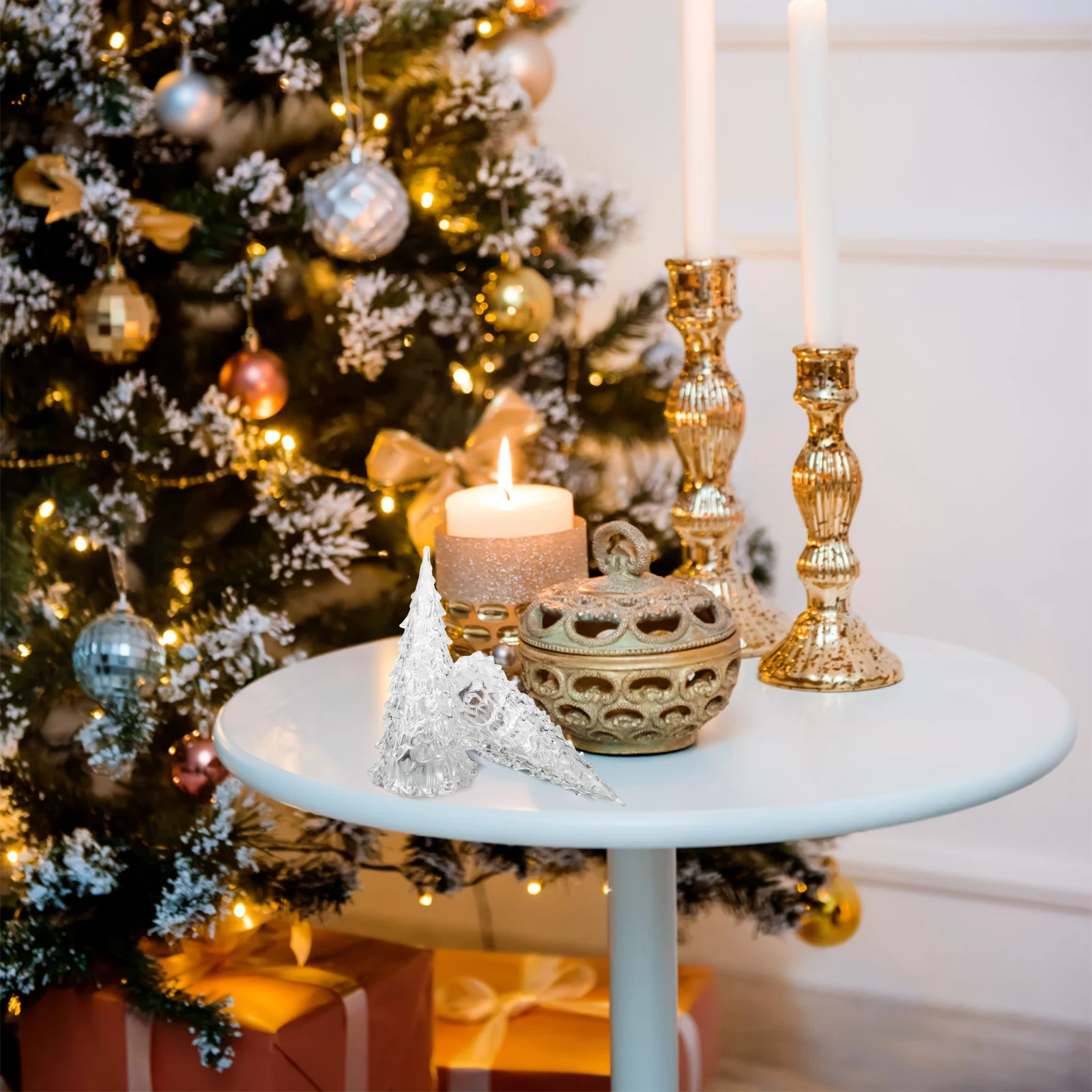 

4pcs LED Mini Christmas Tree Acrylic Crystal Flashing Lights Ornament Desktop Decor Festive Holiday DIY Party Supplies