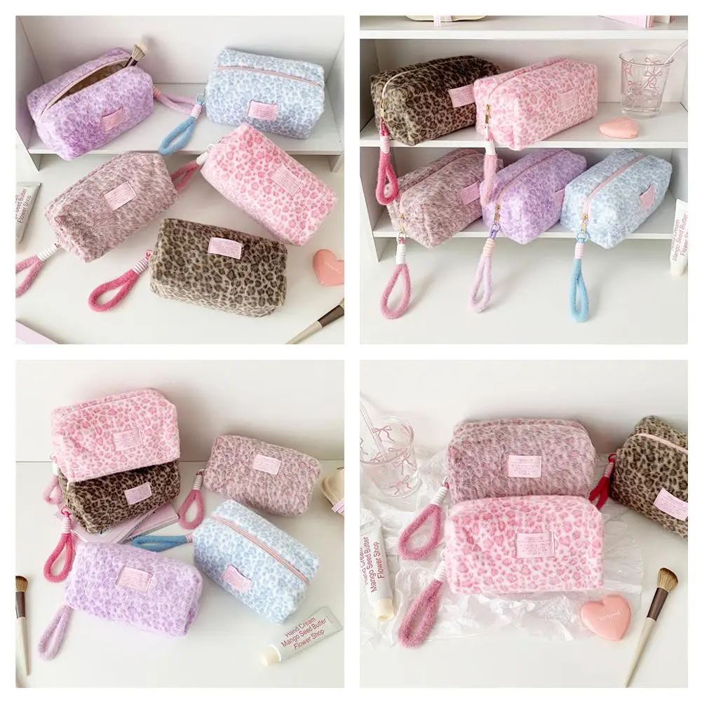 Leopard Print Plush Makeup Bags with Handle Portable Travel Cosmetic Storage Bag Toilet Bag Cute Pencil Case Fashion Handbag