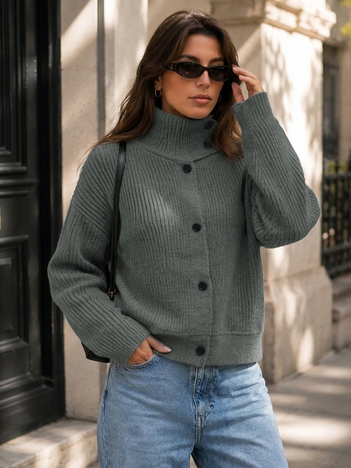Mock Neck Button Cardigans Coat Women 2026 New Autumn Long Sleeve Drop Shoulder Knit Sweaters Fall Winter Streetwear Cardigan