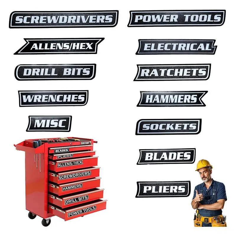 A36T-Magnetic Tool Box Labels,Reusable Tags 12-Pack For General Tool Box Organizing Accessories For Steel Toolboxes, Drawers