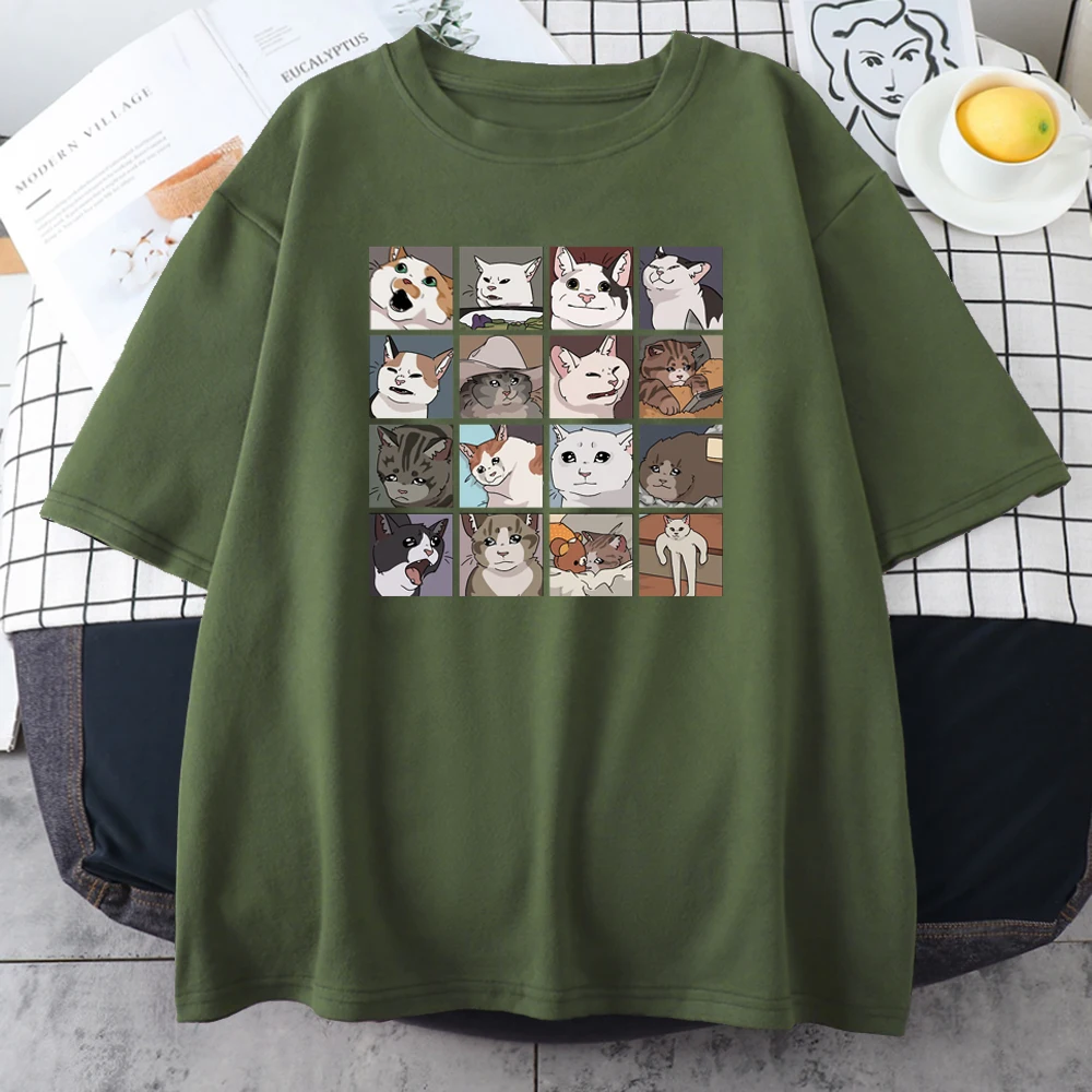 Meme koty Puzzle kreatywność drukowane męskie koszulki plaża oddychająca zabawna odzież Oversize Casual bawełniane topy męskie z krótkim rękawem