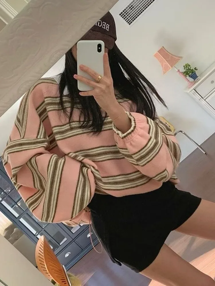 الرجعية اللون بلو ني البلوز المرأة فضفاضة أعلى مخطط قاعدة irt شتاء جديد Sle الكورية Sle الشارع Faion #3