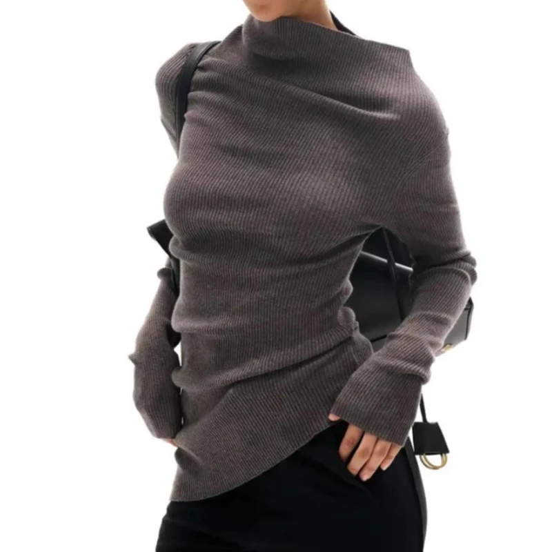 

25 Autumn and Winter Soft Elastic Texture Multi-wearing Method Scimitar Cutting Knitted Sweater Long High Neck