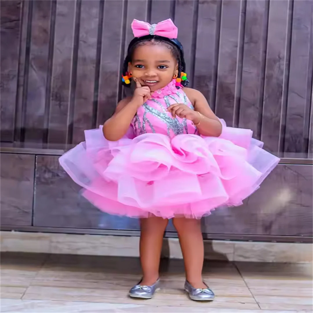 

High Neck Pink Flower Girl Dresses Ruffles Sequined Floral Birthday Photos Shoot Gowns for Party Customized