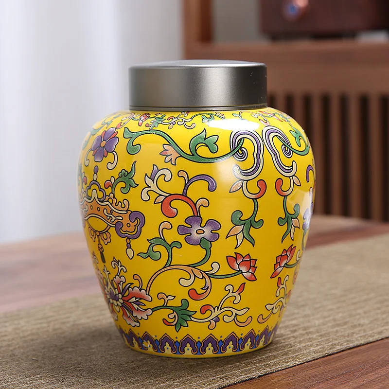 

Painted Ceramic Tea Pot Alloy Lid Sealed Beans Storage Kitchen Grain Container Decoration