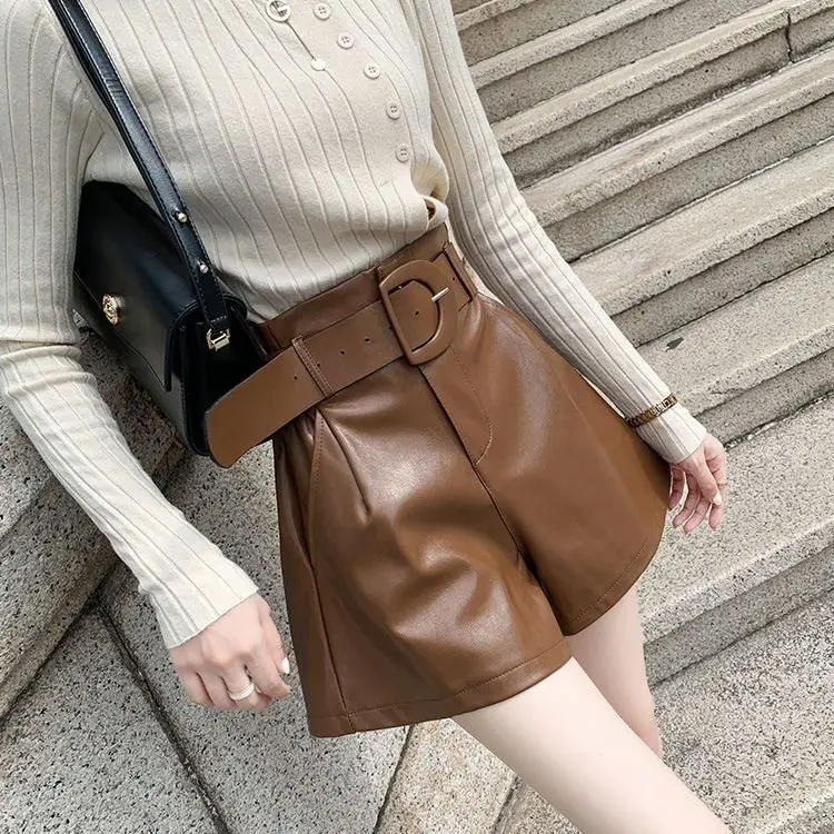 Colored High Waisted A-line Spring and Autumn Style PU Leather Pants Women\'s Autumn Winter New Popular Wide Leg Brown Shorts