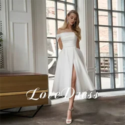 Angepasst Sexy Off Schulter Tee Länge Hochzeit Kleid EINE Linie Seide Organza Split Einfache Brautkleid Frauen Lace Up Zurück Vestido