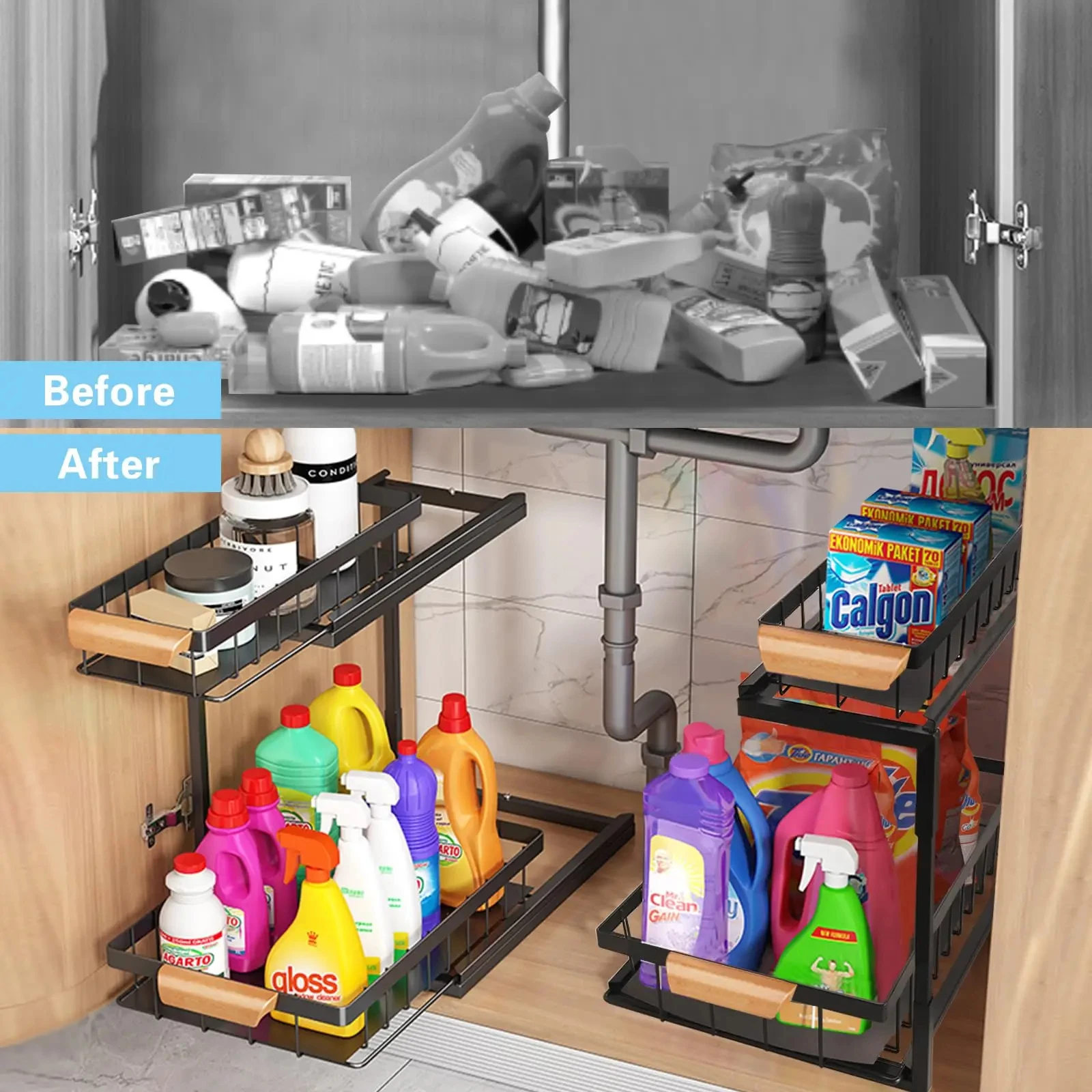 2Tier Under Sink Organizer Pull Out Kitchen Drawer Organizer Multi-Use Sliding Cabinet Organizer Storage Rack Kitchen Organizer