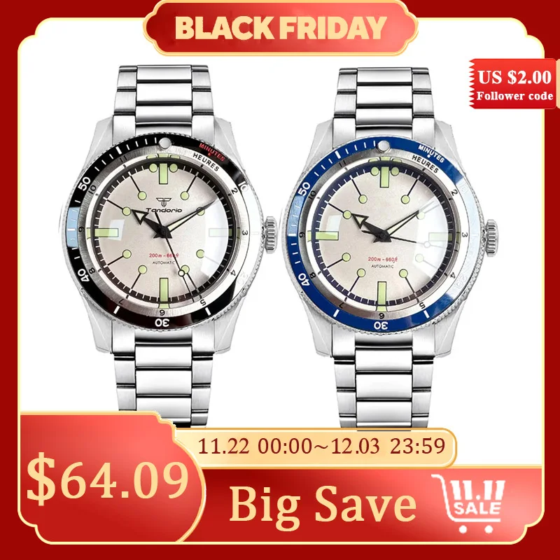 NH35A PT5000 Tandorio Mechanical Automatic Watch Men 200M Waterproof Green Lume Black Dial Sapphire Stainless Steel Bracelet