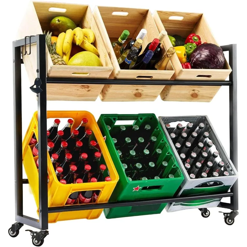 Drinks Crate Holder,2 Tier Beverage Crate Rack with Rollers and Bottle Opener,Water Bottle Storage Racks Steel Crntry