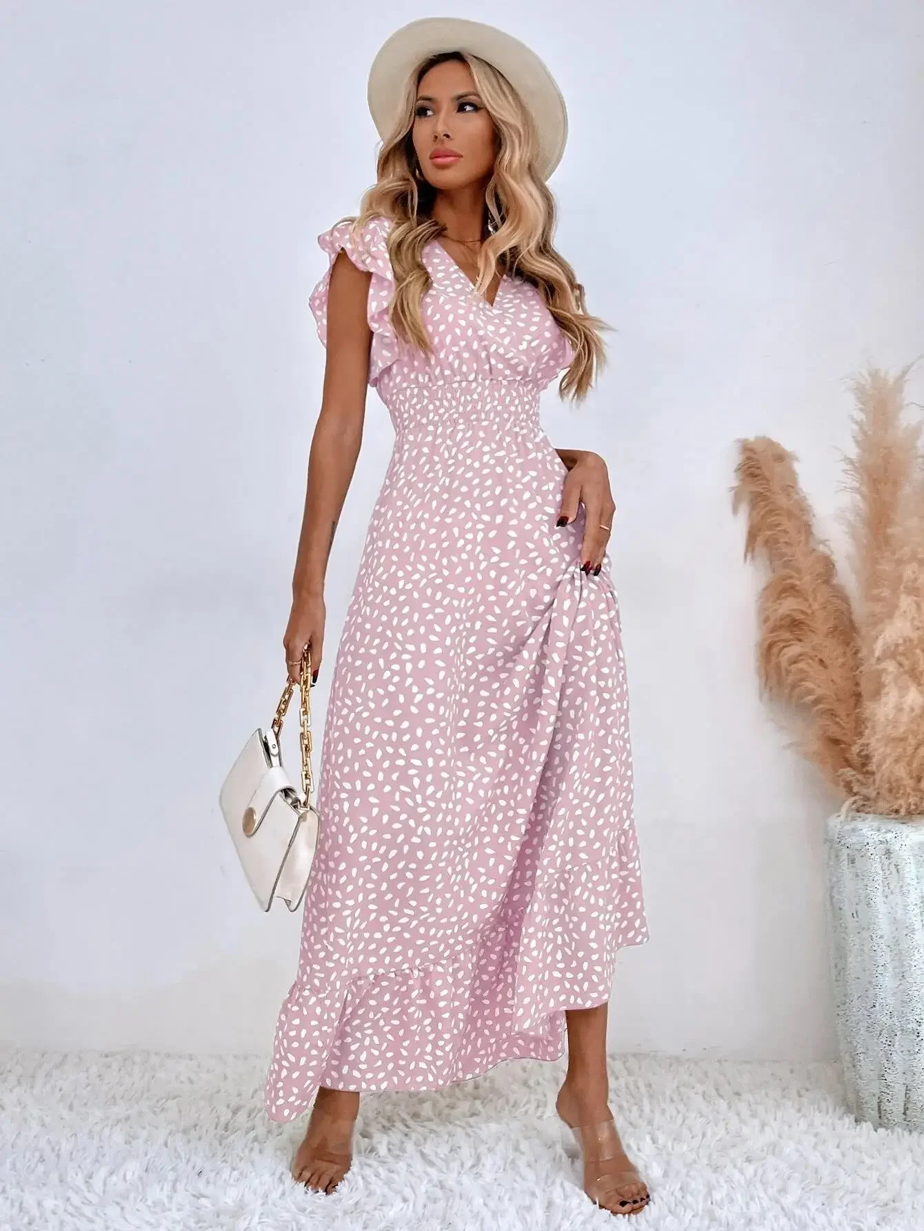 Sommer Blumen druck langes Kleid Frauen elegantes gekräuseltes Kleid V-Ausschnitt Strand Sommerkleider lässige Kurzarm Maxi kleider für Frauen