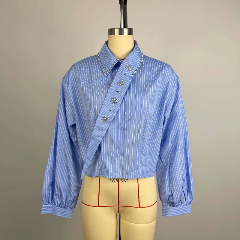 Spring Autumn Elegant New Fashion Women Shirt Blouse Striped Blue Color Full Sleeve Dimond Decoration Slim Shirt Tops