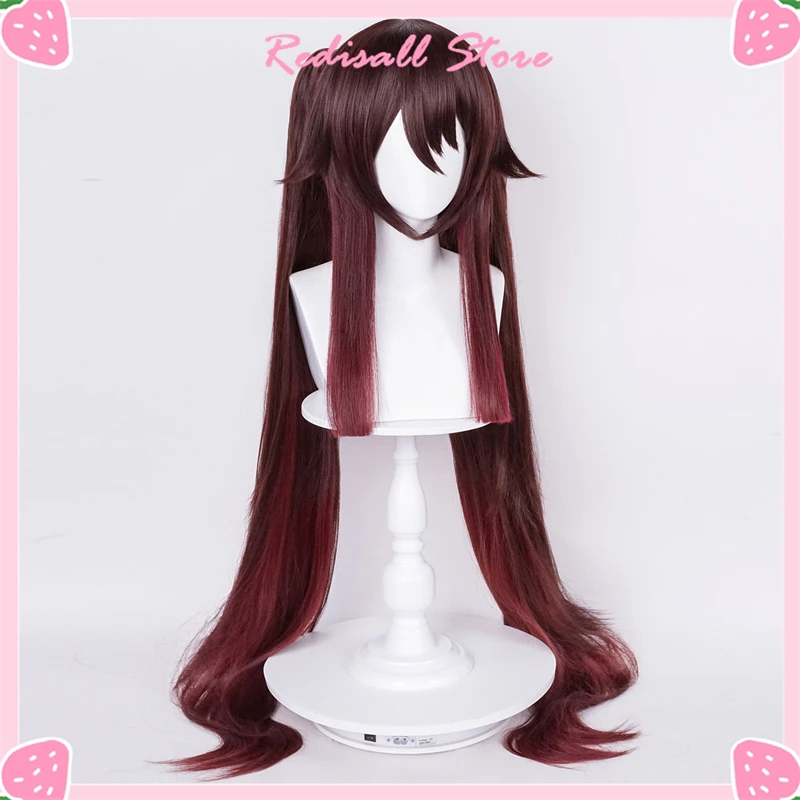 Hutao Cosplay peruca, rabos de cavalo Hu Tao, couro cabeludo sintético, cabelo liso longo, pequenas tranças, resistente ao calor, 2 estilos