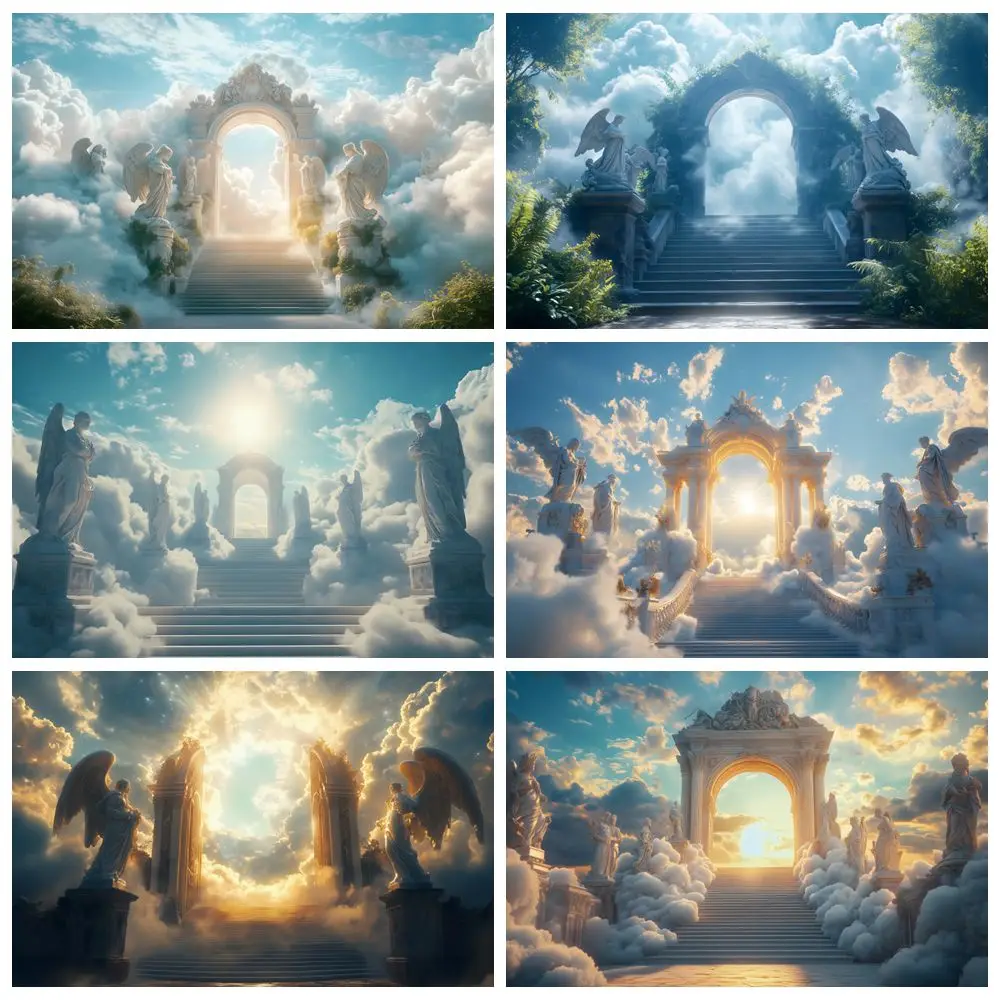 Himmel-Hintergrund, weiße Wolken, Engelsstatue, Treppe, Tür, Ostern, Party, religiöse Aktivitäten, Fotografie-Hintergrund, Fotostudio-Requisiten