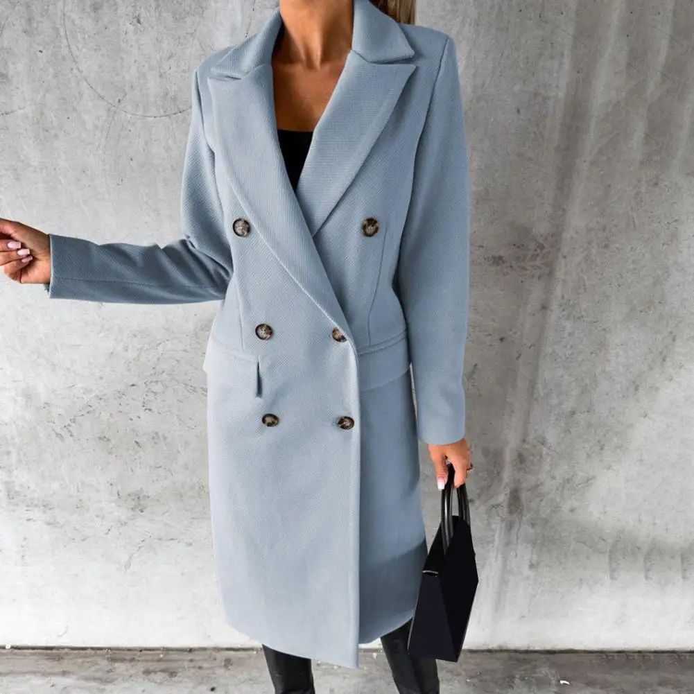 Women Woolen Jacket Turn-down Collar Solid Color Double-breasted Coat Mid Length Thermal Long Sleeved Commuting Dating Spring Fa