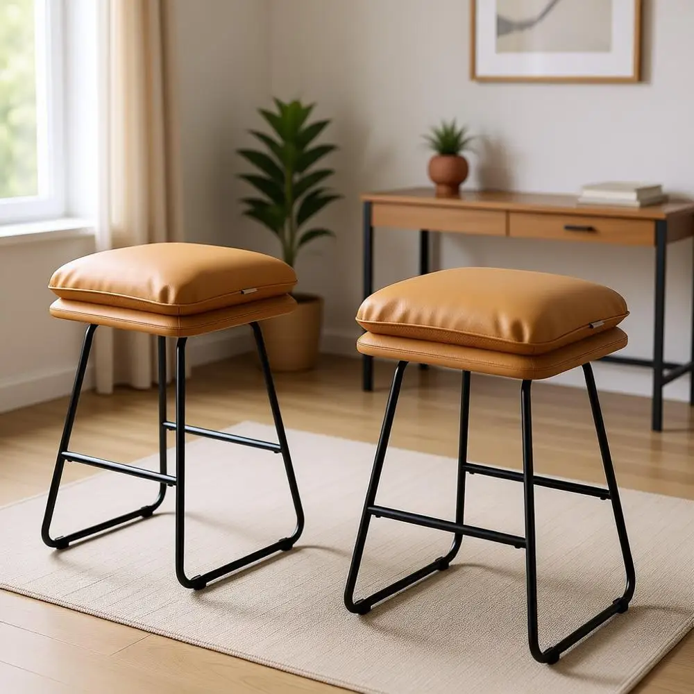 

Набор из 2 кожаных барных стульев с мягкими подушками и металлическими ножками, высота 25,6 дюймов, для кухонного острова