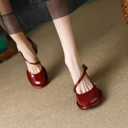 French High Heel Women Shoe 2024 Spring New Retro Red Platform Leather Shoe Elegant Woman Heeled Shoe Party Wedding Shoe Casual