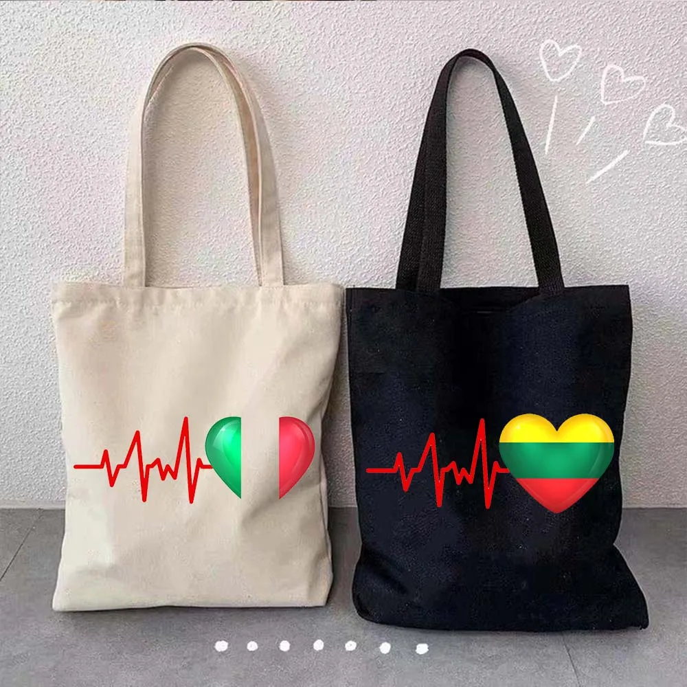 NETHERLAND TURKEY PORTUGAL FINLAND INDIA ITALY POLAND SINGAPORE SWITZERLAND IRAQ Heartbeat Flag Shoulder Canvas Tote Bag Handbag