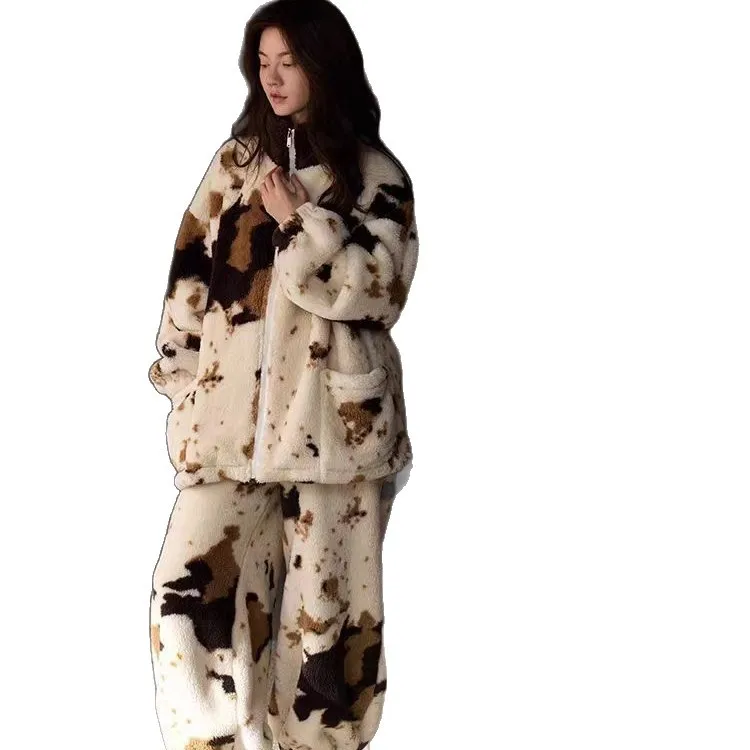 두꺼운 플리스 안감 여성 파자마 세트, 따뜻한 겨울 파자마, 패셔너블한 홈웨어, 파자마 세트