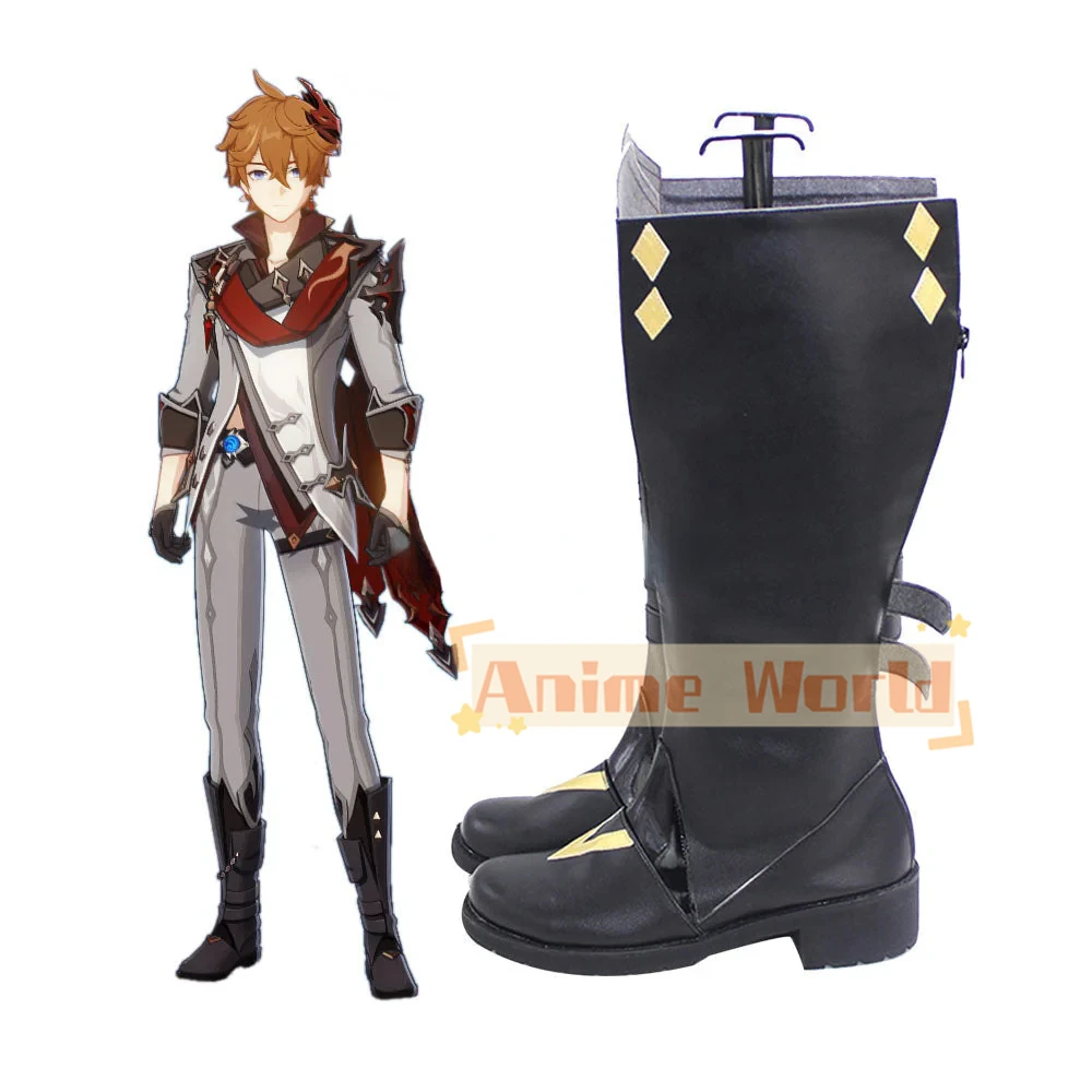 Genshin Impact Childe Tartaglia Cosplay Bottes, Chaussures Noires, Bottes de Carnaval d'Halloween, Sur Mesure