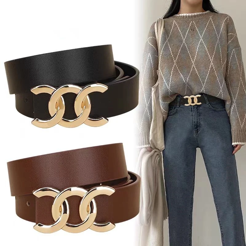 

Women's Belt Gold/Silver Buckle Belts Black Genuine Leather Belt Fashion Dress Pants Jeans Belts for Women