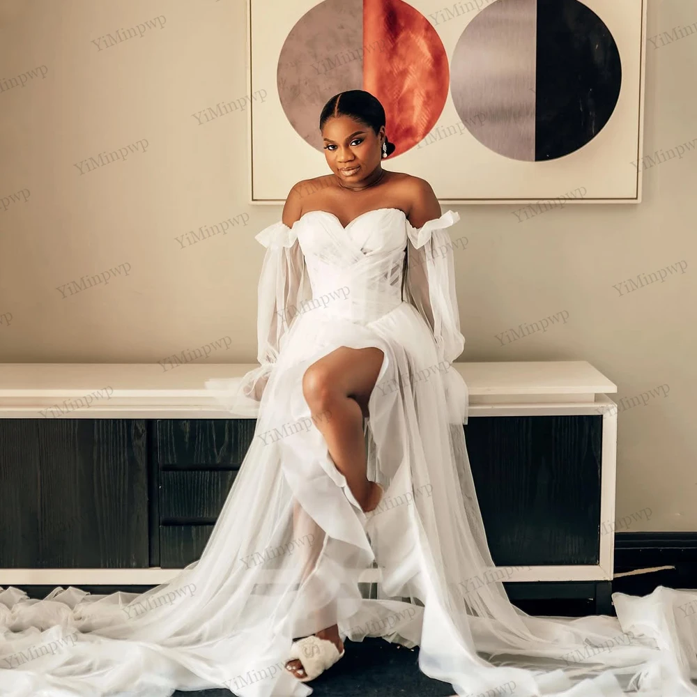 

Simple Ivory Wedding Robes for Bride Africa Bridal Shower Dresses Backless Sweetheart Puff Sleeve High Split Straight Customized