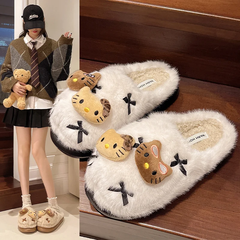 Sanrio autumn and winter Hello Kitty cute sweet warm home women's shoes cartoon bow plush non-slip thick-soled cotton slippers