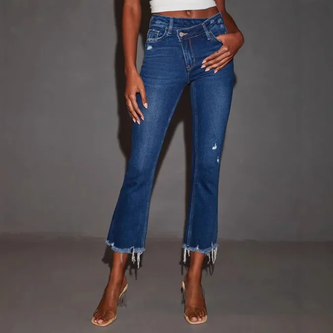 

Pencil Pants Jeans Women Stretch High Waist Skinny Denims Washed Distressed Pockets Female Streetwear Calf Length Trousers