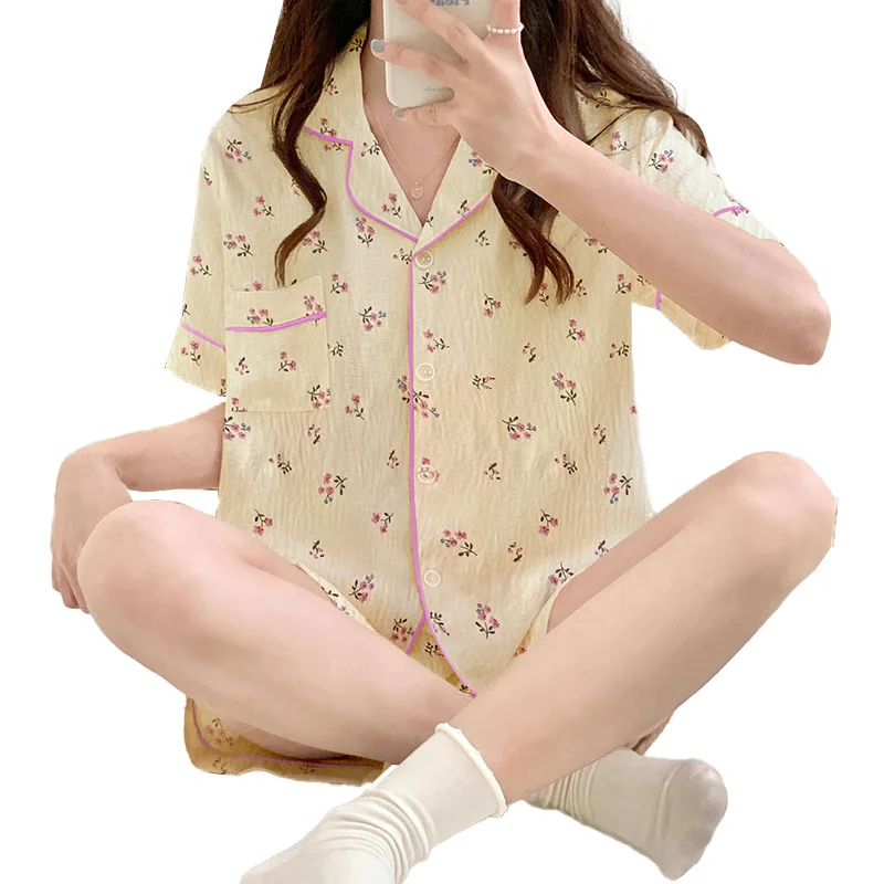 Summer New Ladies Cloud Cotton Pajamas Homewear Set Sweet Floral Short-Sleeved Shorts Pajamas Girls Homewear Set Student Homewea