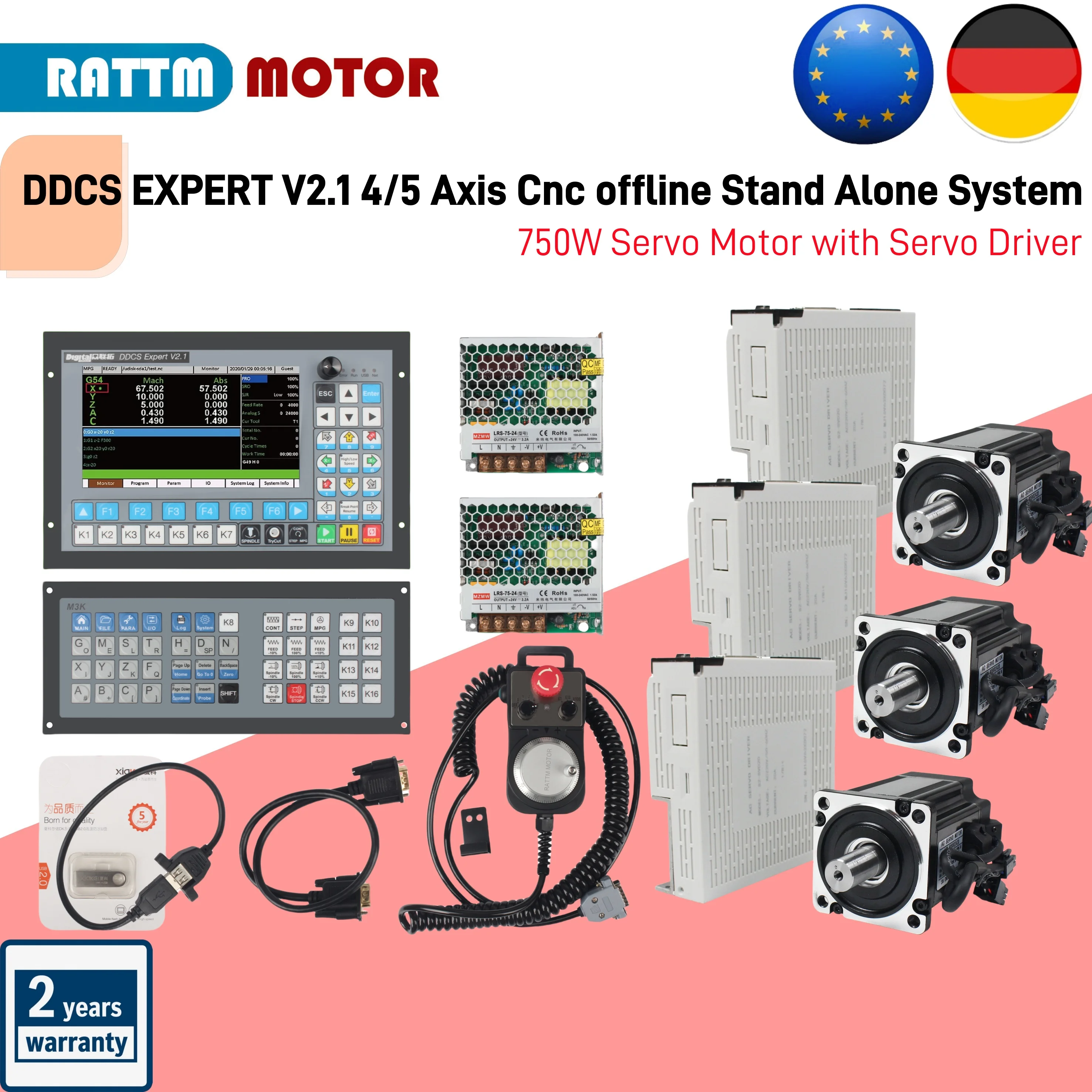 「EU」DDCS EXPERT V2.1 4/5-Achsen-CNC-System, neuester erweiterter Tastatur-Motor mit 75-W-DC-Leistung und 750-W-Servomotor mit Servotreiber