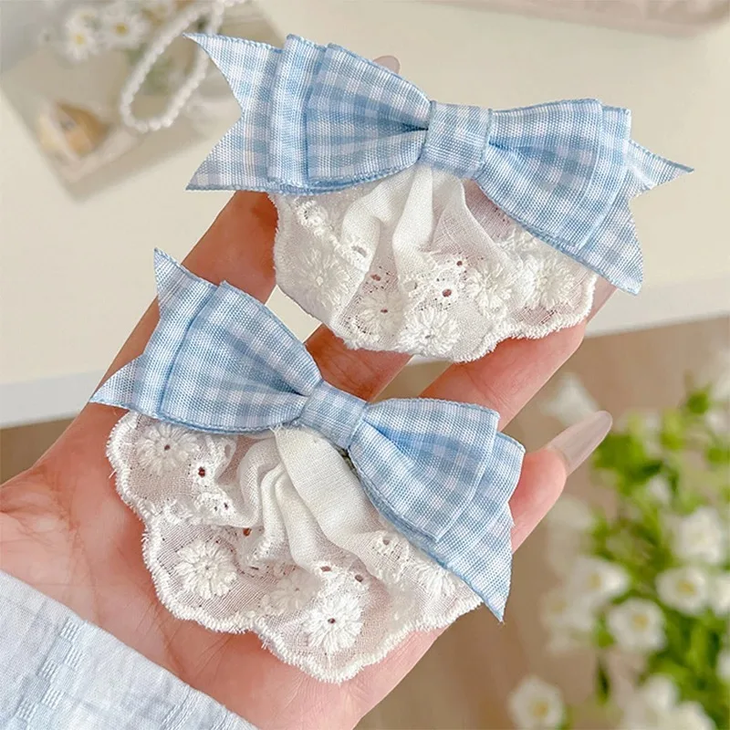 Korean Style Blue Checkered Bow Hair Clip for Women Creative Lace Cloud Design BB Hairpin Girl Hair Accessories